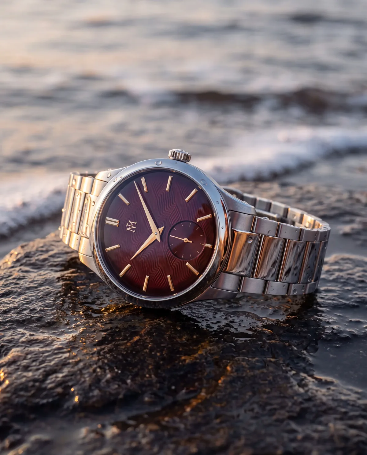 Watch campaign image for a concept house: steel watch with burgundy dial on wet stone at the waterline