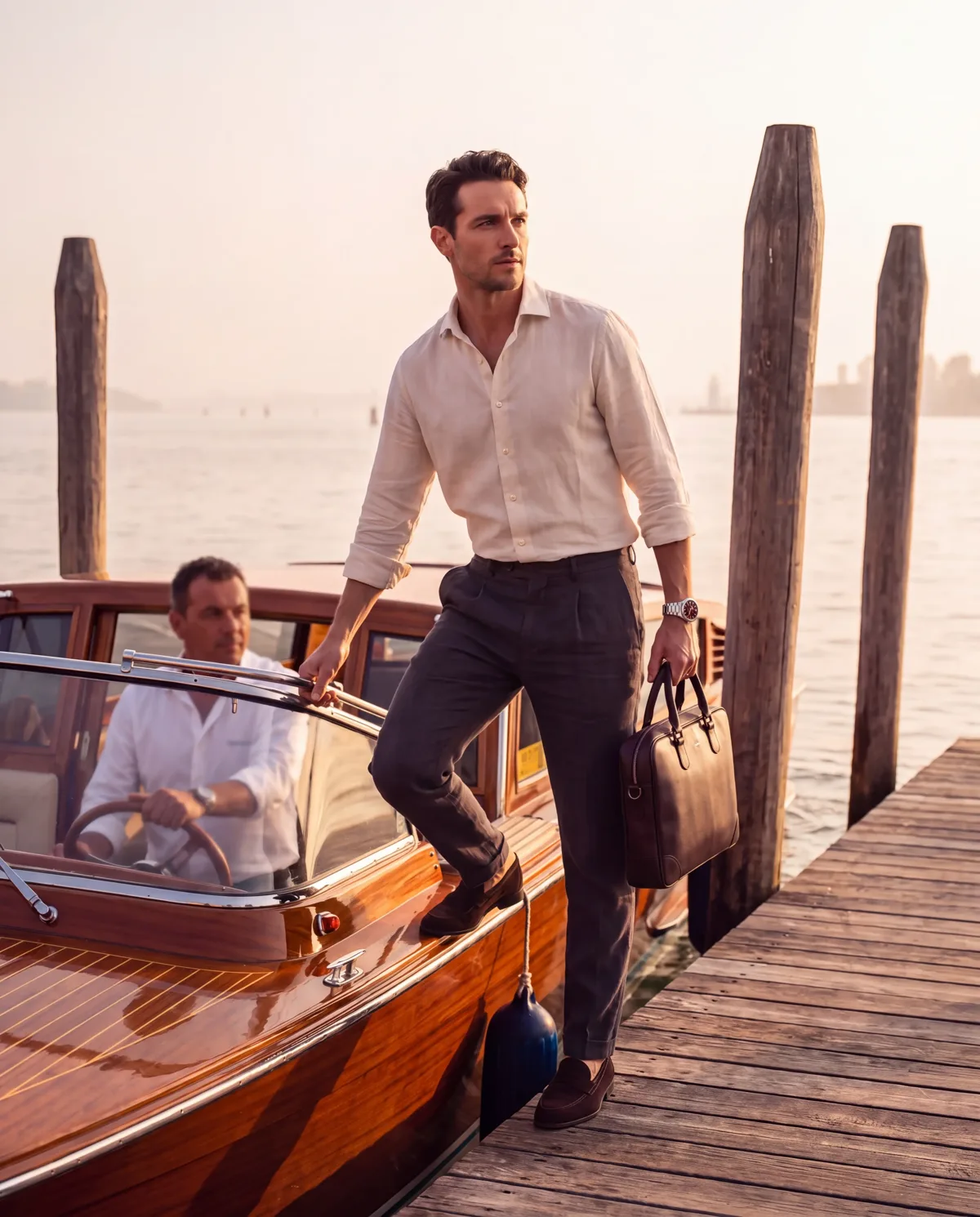 On-model watch campaign frame: man stepping off a boat in the Venice lagoon
